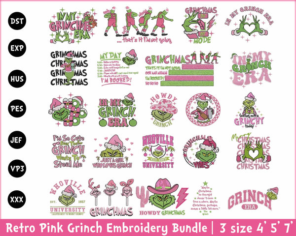 Pink Grinch christmas Embroidery Bundle, Free 12 file pink grinch png