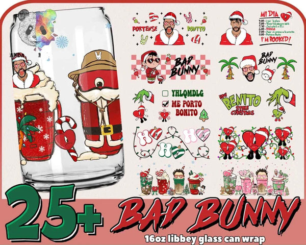 25+Christmas Bad Bunny 16oz Glass Can Png, Libbey Can Glass 16oz, Funny Christmas Tumbler