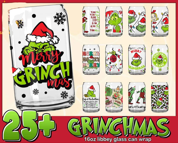 25+ Christmas Grinch Libbey Glass Can Wrap PNG Bundle, Merry Grinchmas Wrap Png, Grinch Face 16oz Can Glass Png Bundle, Instant Download
