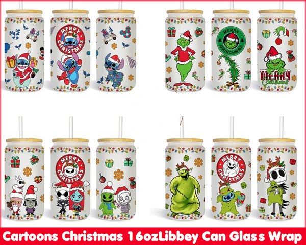 Cartoons Christmas 16oz Libbey Can Glass Wrap, Glass Can Wrap, Stitch Christmas, Grinch Png, Full Tumbler Wrap, Christmas Sublimations - CRM12112206