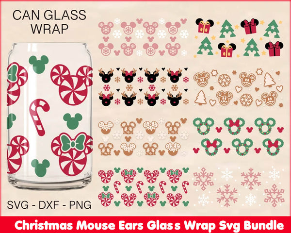 Christmas Mouse Ears Glass Wrap Svg, Mouse Ears Bundle Svg, Mouse Candy Glass Wrap, Gingerbread Svg, 16oz Libbey Full Wrap - CRM12112208