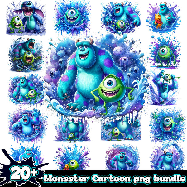 Monster cartoon splash and watercolor bundle png