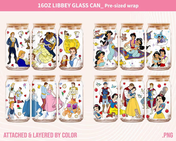 Princess Beauty PNG, 16oz Glass Can Wrap, 16oz Libbey Can Glass, Princess Tumbler Wrap, Full Glass Can Wrap, Cartoon Tumbler