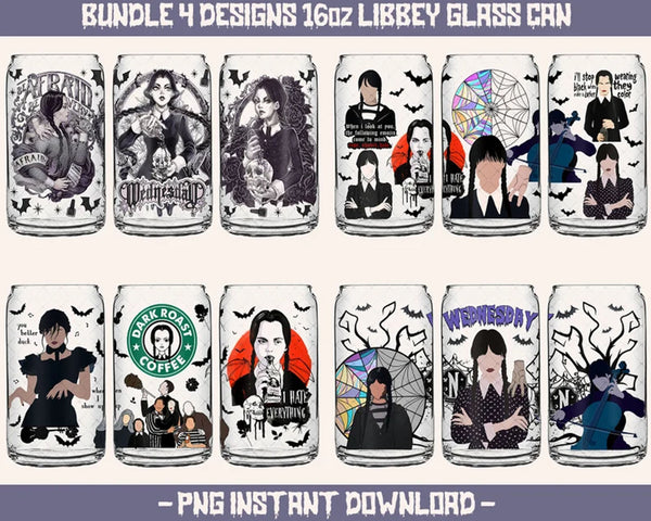 4+ Addams Family, Wednesday Glass Wrap PNG, 16oz Libbey Can Glass, Full Can Wrap,Addams Sublimation Tumbler