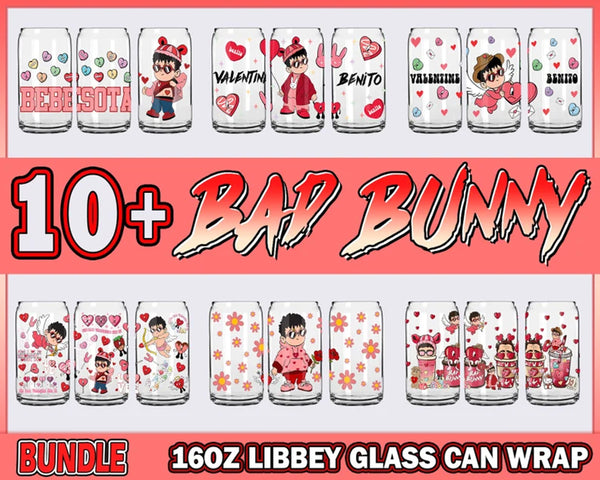 10+ Valentine Bad Bunny Libbey Glass Png Bundle, Happy Valentine 16oz Libbey Glass Wrap Png, Trendy Valentine Benito Png, Digital Download