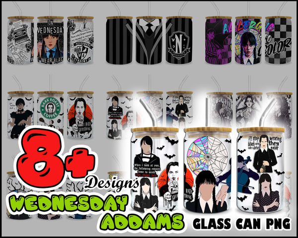Wednesday Addams Tumbler Wrap PNG, Frosted Glass Can PNG, Sublimation File, 16oz Frosted Glass Can